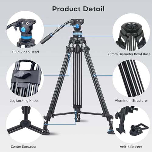 SIRUI AM-25S Video Tripod, 74.8" Professional Heavy Duty Tripod with Adjustable Damping Fluid Head for Camcorder, Cameras, DSLR, 360° Pan & +90°/-75° Tilt, Quick Release Plate, Max Load 22.0lb - Image 3
