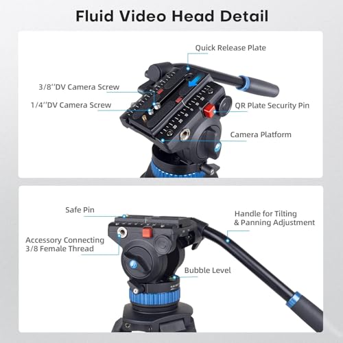 SIRUI AM-25S Video Tripod, 74.8" Professional Heavy Duty Tripod with Adjustable Damping Fluid Head for Camcorder, Cameras, DSLR, 360° Pan & +90°/-75° Tilt, Quick Release Plate, Max Load 22.0lb - Image 4