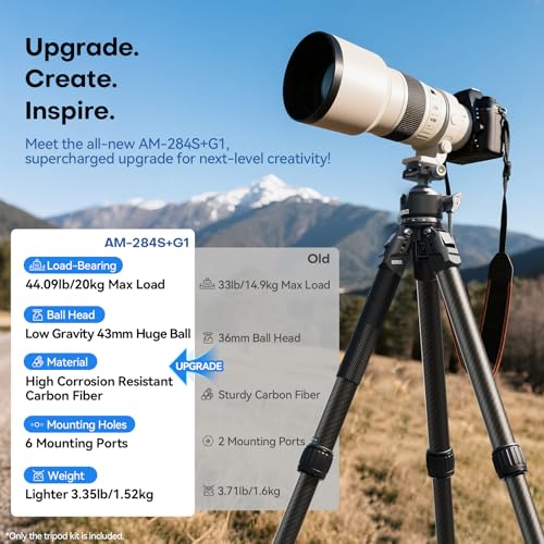 SIRUI Professional Carbon Fiber Tripod with Oversized 43mm Low-Profile Ball Head, Max 50.4" Height, 20kg (44lbs) Load - Ultra-Stable for DSLR, Mirrorless & Video(AM-284S+G1) - Image 3