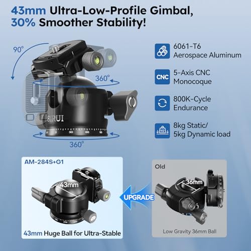SIRUI Professional Carbon Fiber Tripod with Oversized 43mm Low-Profile Ball Head, Max 50.4" Height, 20kg (44lbs) Load - Ultra-Stable for DSLR, Mirrorless & Video(AM-284S+G1) - Image 6