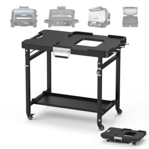SafBbcue Outdoor Foldable Grill Stand for Ninja Woodfire Series,Grill Cart for OG700 OG800 OG900 Series & OO101 Woodfire Pizza Oven,Replace for XSKUNSTAND Stand,with Double-shelf,Hooks,35.4x22x31.5 in