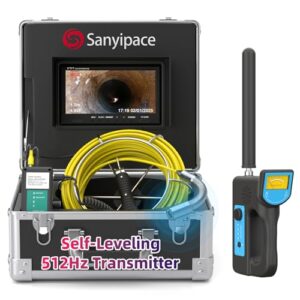Sanyipace Sewer Camera 100FT with 512Hz Locator, Self-Leveling Drain Camera Pipe Inspection Cámara, Distance Counter, IP68 Waterproof, 9″ HD Color Screen, Video Record up to 128GB