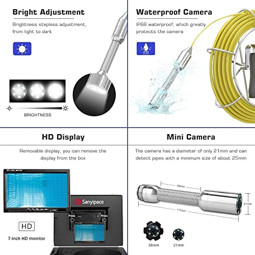 Sanyipace Sewer Camera 165FT/50M with WiFi Wireless Transmission, Drain Camera with Lights, Pipe Sewer Scope Inspection Camera with IP68 Waterproof Camera Probe, 7" Color Screen, Camera Guide Wheel - Image 4