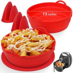 Silicone Air Fryer Liners Basket Set – 7.5″ Ultra-Strong Air Fryer Silicone Baking Tray Pot with Mittens & Trivet Mat – Easy-Clean, Food-Grade Airfryer Accessory for All 3-5 Qt Air Fryers – Red
