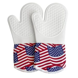 Silicone Heat Resistant Insulated Oven Mitts, Set of 2, USA American Flag Pattern