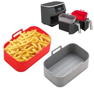 Silicone Liners Rectangle 2 Pcs for Air Fryer Dual Basket 6 to 8 Qt, Food-grade Reusable Baking Tray Fit Ninja DZ090 DZ201, 3 to 4 Qt Each, Double Zone Airfryer Accessories