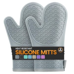 Silicone Oven Mitts, Heat Resistant 2PCS Oven Mitts with Soft Cotton Lining, Waterproof Non-Slip Grip Oven Glove, Kitchen Potholder Mits for BBQ, Baking, Cooking, 12.5 Inch – Grey