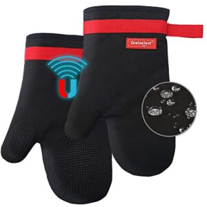 Silicone Oven Mitts, Magnetic Oven Mitt Set, Cotton Oven Mits Heat Resistant, Anti-Slip Hot Mitts for Kitchen, Cooking, Baking, Grilling, Black
