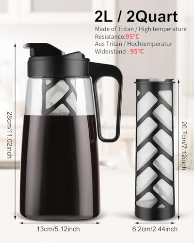 Sivaphe Large Ice Cold Coffee Maker 2 Quart, Dishwasher Safty Traitan Carafe Pitcher Leak Proof, Reusable Filter 64 oz Iced Hot Coffee Tea Method Brewer - Image 5