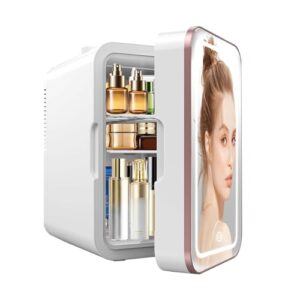 Skincare Fridge, 6L/10 Can Mini Fridge for Bedroom with Dimmable LED Mirror, Portable Cooler & Warmer Small Compact Refrigerator for Skincare, Cosmetics, Bedroom and Office, White