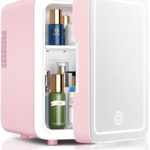 Skincare Fridge With Dimmable LED Light Mirror, 4L Makeup Mini Fridge for Bedroom, Car, Office & Dorm, Cooler & Warmer, Portable Small Refrigerator for Cosmetics, Skin Care and Food, Pink
