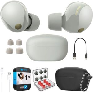 Sony WF-1000XM5 Industry Leading Noise Canceling Truly Wireless Earbuds (Silver) Bundle with Silicone Case (Black), Memory Foam Ear Tips, USB-A to USB-C Cable & 1 YR CPS Enhanced Protection Pack