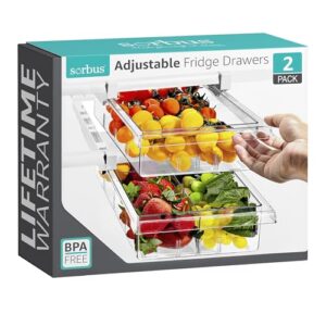 Sorbus Pull Out Fridge Drawer Organizer, for 0.6 Inch Thick Shelf, Adjustable Plastic Bathroom Organizer, 12-17 Inches, Refrigerator Storage Bin, Kitchen & Bathroom Storage (2 Pack)
