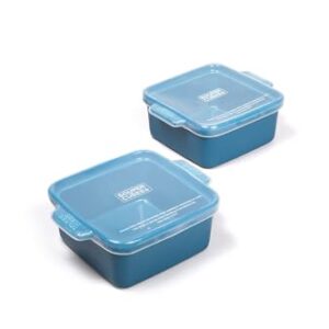 Souper Cubes Stoneware – 5″ x 5″ Baking Dishes for Oven with Silicone Covers, Premium Mini Ceramic Baking Dishes, Perfect for Reheating Individual Portions in Oven or Microwave, Set of 2 – Blueberry