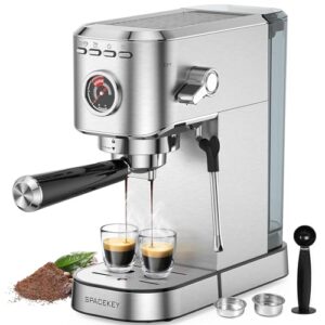Spacekey Espresso Machine 20 Bar, Professional 1350W Espresso Maker with Milk Frother, Compact Stainless Steel Cappuccino & Latte & Americano Maker with 39oz Removable Water Tank, Silver