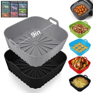 Square Silicone Air Fryer Liners, 2Pcs 9 Inch Reusable Air Fryer Pot, Airfryer Accessories, Air Fryers Inserts for 6 to 9 QT for Oven Microwave Accessories (9 Inch-Grey+Black)