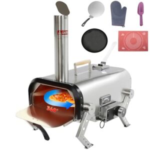 Stainless Steel Outdoor Pizza Oven, Wood Fired Pizza Stove with 12 inch Automatic Rotating Pizza Stone, Portable BBQ Grill for Backyard Parties, Camping, and Picnics (Silver)