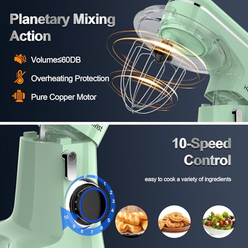 Stand Mixer, 6.5QT 10-Speed Tilt-Head Electric Stand Mixer, 3-In-1 Kitchen Mixer with Bowl, Dough Hook, Whisk and Beater, Food Mixer for Baking, Cake and Most Home Cooks, Light Green - Image 5