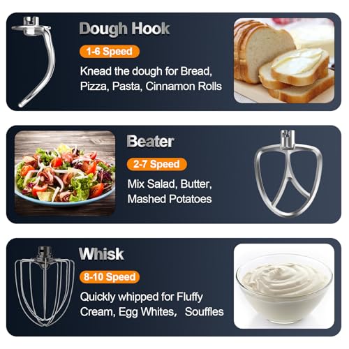 Stand Mixer, 6.5QT 10-Speed Tilt-Head Electric Stand Mixer, 3-In-1 Kitchen Mixer with Bowl, Dough Hook, Whisk and Beater, Food Mixer for Baking, Cake and Most Home Cooks, Light Green - Image 7