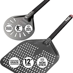 TKC 12″, 8″ Perforated Pizza Peels – Professional Aluminum Pizza Turning peel – Long Handle Metal Pizza Spatula for Indoor and Outdoor – Lightweight Non-Stick Pizza Turner – Pizza Oven Accessories