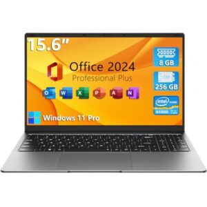 TPV 15.6″ Windows 11 Pro Laptop, MS Office 2024, 8GB RAM 256GB Storage, Intel Celeron N4000(up to 2.6GHz) 100% sRGB Screen, 2.4G/5G Dual Band WiFi, BT4.2, USB-A, Long Battery Life, Silver