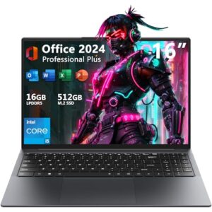 TPV 16″ Laptop Computer Intel Core i5, 16GB RAM, 512GB SSD, MS Office 2024, IPS(1920 x 1200) 16:10 Display, Windows 11 Pro Notebook PC with BT5.0 Wi-Fi, 3xUSB A, HDMI, RJ45, Backlit Keyboard, Upgraded