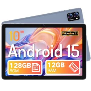 Tablet, Android 15 Tablets 10 inch with 12GB RAM+128GB Storage+2TB TF Card Expand, Octa-Core, 1280*800 HD Touch Screen Computer Tablet, 10H Long-lasting Battery Life,Wi-Fi & BT 5.0,Gray Blue