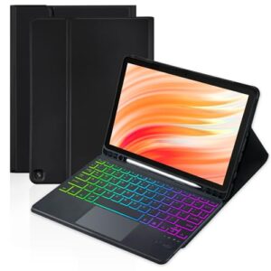 Trackpad Keyboard Case for Amazon Fire HD 10/10 Plus 10.1 inch 2021/2023(11/13th Generation),7-Color Backlight Rechargeable Keyboard with Kids Multi-Angle Cover for Tablet (Black)