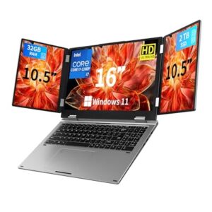Triple Screen Laptop,16” Main + Dual 10.5” Monitors,Intel Core i7-1260P, 32GB RAM,2TB SSD, Windows 11 Pro,Wi-Fi 6,BT 5.2,Face & Fingerprint Unlock,USB-C,HDMI for Business/Design/Stock Trading