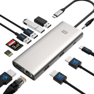 USB C Docking Station, Minthouz 12-in-1 Laptop Docking Station Dual Monitor with Dual 4k HDMI+8k DisplayPort+10Gbps, 3 USB A/C, 100W PD, Ethernet, SD/TF, Audio, USB C Hub for MacBook/Dell/HP/Surface