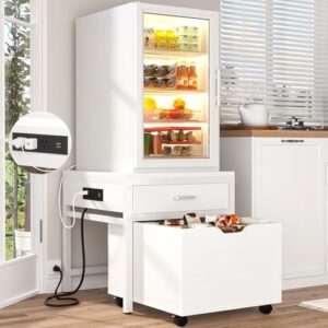 Unikito Mini Fridge Stand with Drawer Storage and Sockets, Heavy Duty Small Refrigerator Stand Cart for Dorm, Apartment, Office, Bedroom, Mini Fridge and Microwave Stand, Hold 300LBS, White
