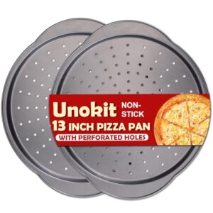 Unokit 13″ Pizza Pan for Oven 2PCS, Round Carbon Steel Pizza Pan, Non-Stick Pizza Tray with Perforated Holes and Grip Handles, Dishwasher Safe, Grey