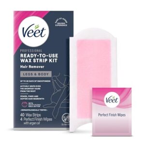 VEET Sugar Wax Strips For Women’s Body Hair Removal, Bikini Hair Removal Kit, Pubic, Dermatologically Tested For Body & Intimate Areas, 40ct Wax Strips with Shea Butter & 4ct Wipes