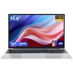 VGKE 15.6″ Laptop Computer, Full HD 1920 * 1080p Laptop with Backlit Keyboard, Celeron Quad-Core J4125 Processor, 12GB DDR4 RAM 256GB SSD, Webcam, Fingerprint Reader, Silver