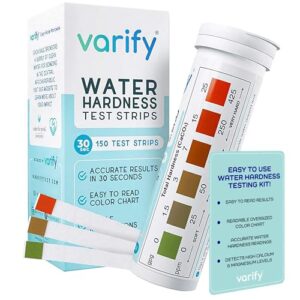 Varify Water Hardness Test Kit – Water Testing Kit for Home, Drinking, Well, Spa, Swimming Pool, Softener, Dishwasher & More – Hard Water Test Strips for Calcium, Magnesium etc (0-425 pmm, 150 Strips)