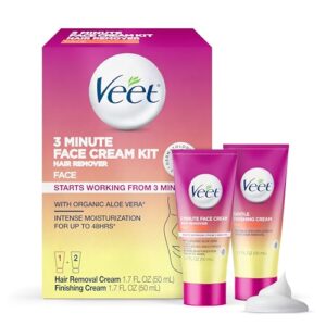 Veet 3 Minute Facial Hair Removal Cream for Women, Depilatory Cream with Organic Aloe Vera, 2 Piece Women’s Facial Hair Remover Kit, 1.7 Fl Oz Hair Removal Cream + 1.7 Fl Oz Finishing Cream
