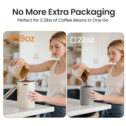 Veken Coffee Canister, 39OZ Large, Airtight Stainless Steel Food Storage Container for 2.2lbs Coffee Beans, Ground, Sugar, Tea, Flour, Cereal, Kitchen Bar Accessories with Date Tracker & Scoop, Cream - Image 4