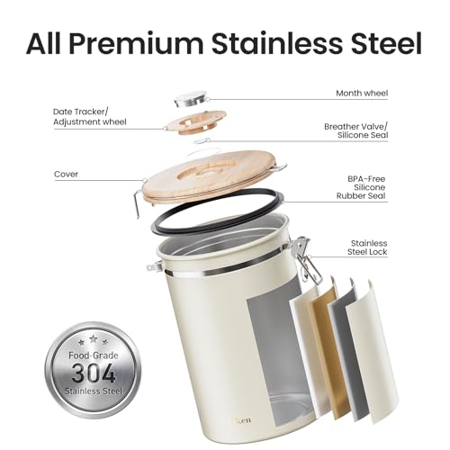 Veken Coffee Canister, 39OZ Large, Airtight Stainless Steel Food Storage Container for 2.2lbs Coffee Beans, Ground, Sugar, Tea, Flour, Cereal, Kitchen Bar Accessories with Date Tracker & Scoop, Cream - Image 6