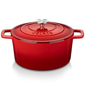 Velaze 6 QT Enameled Cast Iron Dutch Oven, Dual Handles Dutch Oven Pot with Lid,Heavy-Duty Non-stick Round Dutch Oven for Bread Baking, Stewing, Roasting, Good Sealing for All Heat Source (Red)
