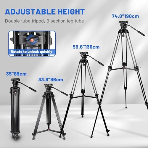 Video Tripod, COMAN 74" Professional Heavy Duty Camera Tripods with Quick Release Plate and 360° Fluid Head, Tall Travel Tripod Stand for DSLR, Camcorder, Aluminum Twin Tube Leg, Max Load:17.6lbs/8Kg - Image 4