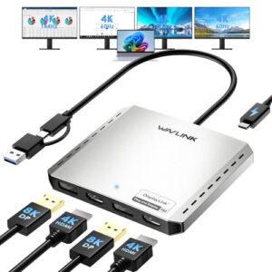 WAVLINK USB C to HDMI & DP Adapter for 4-4K Monitors, Extended Quad Displays for Mac/Windows, Dual 8K or Quad HDMI 4K Splitter, DP Port Supports 120Hz high-Refresh, with PD 85W for Laptop (DL-7400)