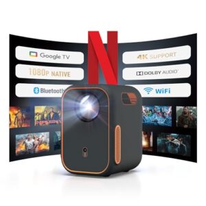 WEMAX Google TV Projector, Netflix Officially Licensed 4K Support, Mini Projector with Wifi and Bluetooth, Smart Movie Projector for Home Theater, 1080P Full HD, MAX 120″ Display, Dolby Audio