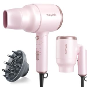 Wavytalk Blow Dryer with Diffuser, Mini Hair Dryer with Folding Handle, 1600W Quiet Lightweight Hairdryer with Diffuser Compact Design, Pinky White