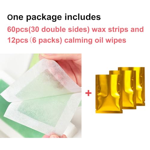 Wax Strips - 60 Strips Removal Waxing Strips patch/Patches Hair Body Wax Strips for Hair Removal at Home for Men and Women Contains Depilatory patch 60 wax strips + 12 calming oil wipes - Image 3