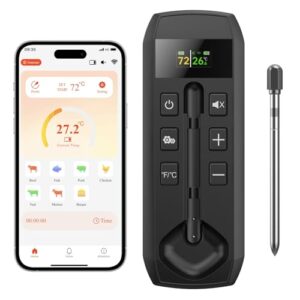 Wireless Meat Thermometer with Wireless Probe, 800Ft Remote Range Food Thermometer with iOS & Android Read App – Preprogrammed Temperatures, LCD Digital Cooking Thermometer for BBQ, Oven, Grill etc.