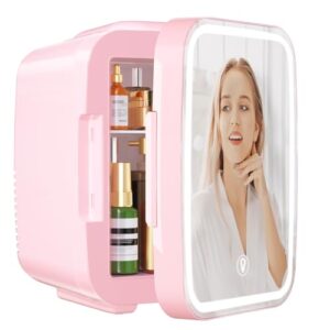 YASHE Mini Skincare Fridge with Dimmable LED Mirror, 4Liter/6 Cans Cooler and Warmer for Makeup, Cosmetic, Beauty, Food, Portable Small Refrigerator for Bedroom, Vanity, Office and Car- Pink