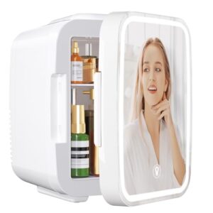 YASHE Mini Skincare Fridge with Dimmable LED Mirror, 4Liter/6 Cans Cooler and Warmer for Makeup, Cosmetic, Beauty, Food, Portable Small Refrigerator for Bedroom, Vanity, Office and Car- White