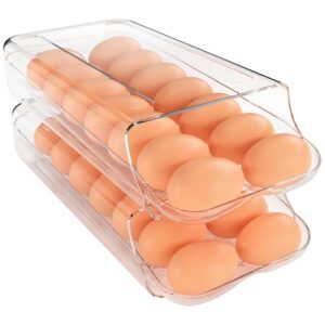 theaoo Egg Holder for Fridge, Automatic Rolling Egg Container for Refrigerator, Clear Plastic Egg Dispenser, Stackable Eggs Organizer with Quick Removable inner Tray For Organizers and Storage, 2Pack