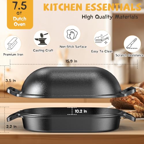 Cast Iron Dutch Oven for Bread Baking, With Banneton Bread Proofing Basket & Baking Supplies, 7.5QT Multi-Functional Dutch Oven Pot with Lid, Cast Iron Bread Pan, Black - Image 4