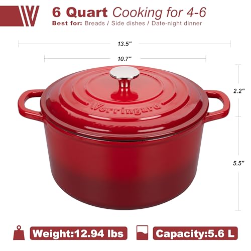 Enameled Cast Iron Dutch Oven Pot with Lid, for Sourdough Bread Baking, Round Dutch Ovens, 6 Quart, Red - Image 3
